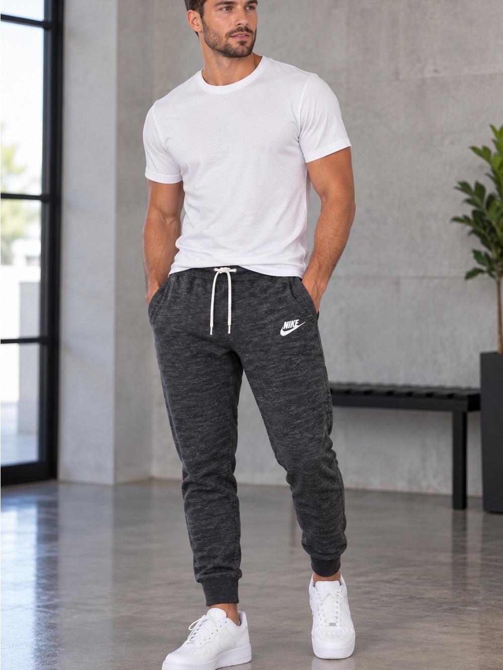 Nike Men’s Charcoal Heather Joggers with White Logo